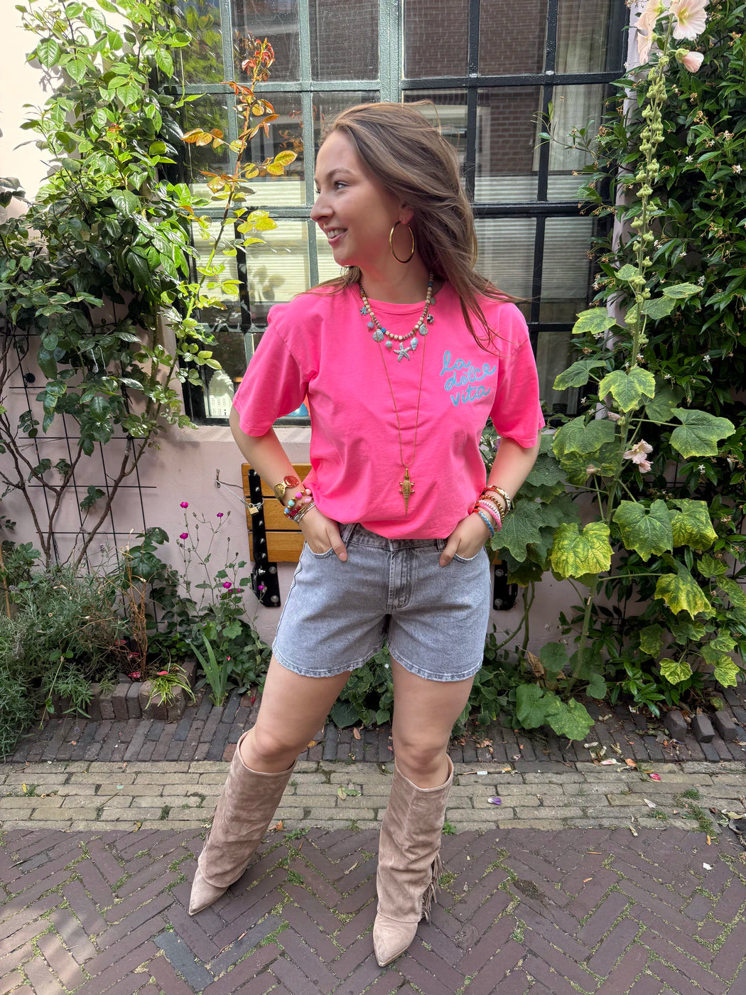 T-shirt 'la dolce vita' katoen roze