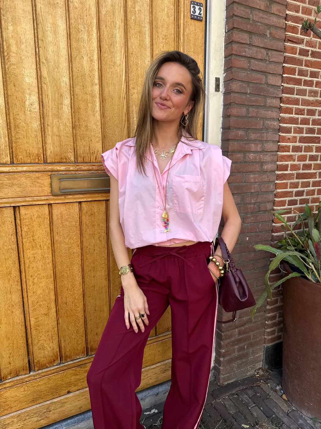 Mies katoenen blouse elastiek lichtroze