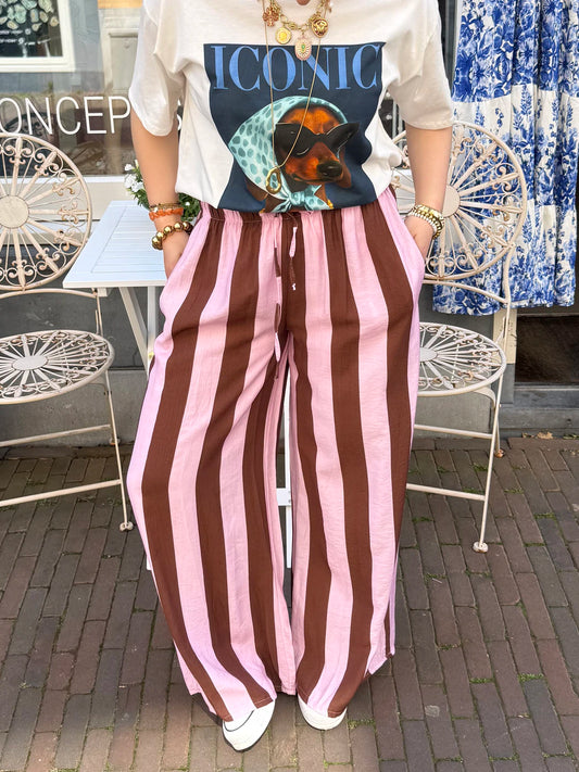Macy gestreepte broek wide leg roze/bruin