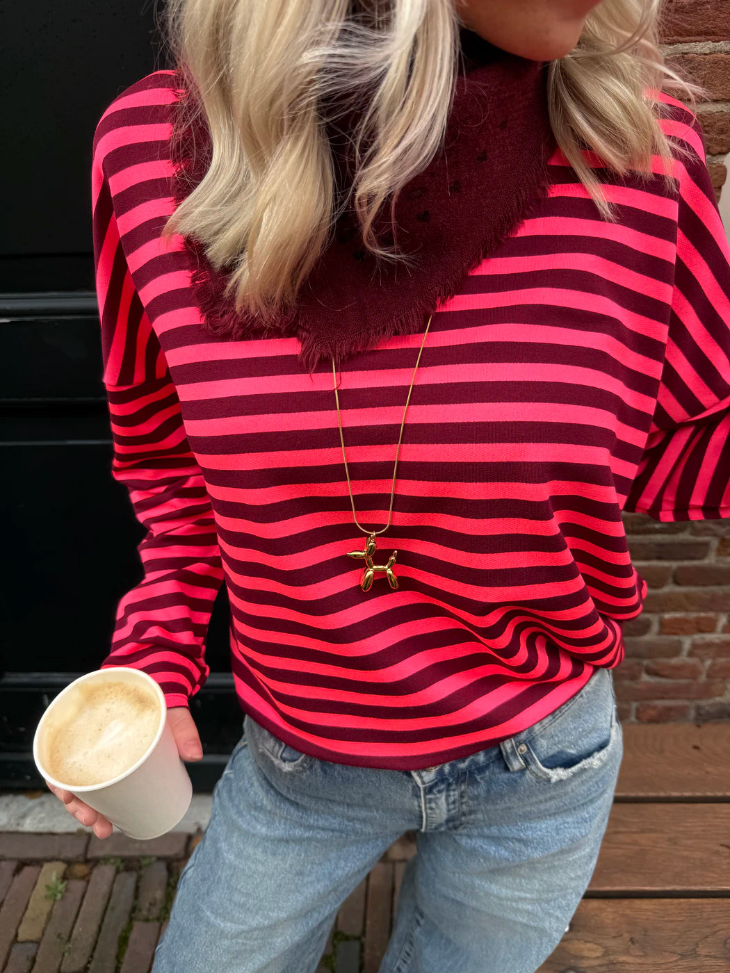 Roos gestreepte longsleeve bright pink/burgundy