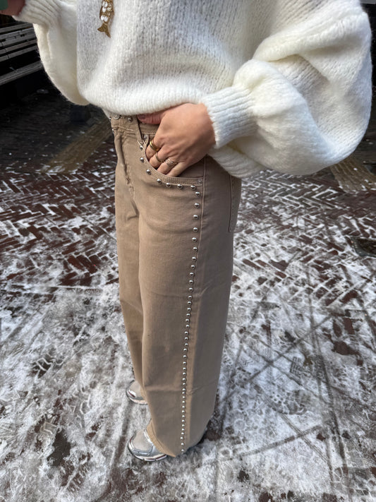 Wide leg stud jeans beige
