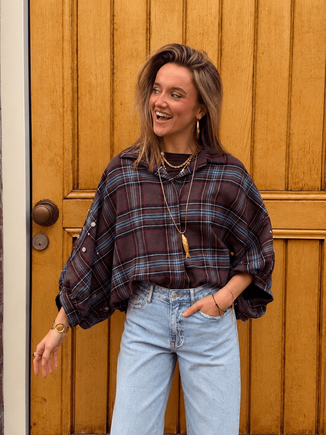 Fenna vleermuis blouse steentjes geruit bruin/blauw - Project 35