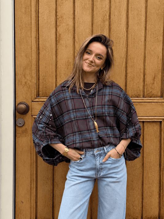 Fenna vleermuis blouse steentjes geruit bruin/blauw - Project 35