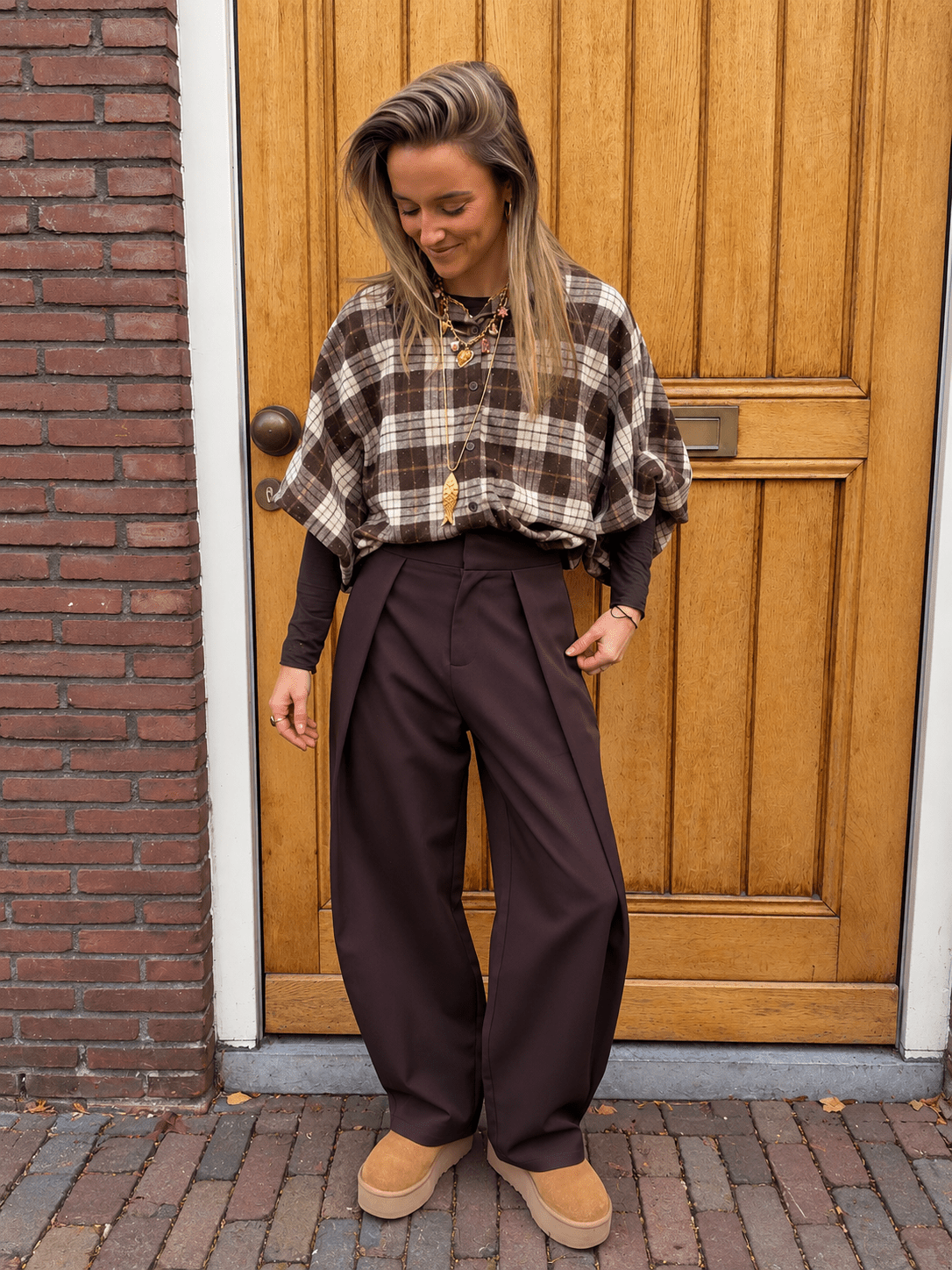 Finn blouse vleermuis stras geruit bruin/beige - Project 35
