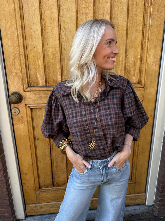 Gijsje blouse geruit bruin/blauw pofmouw - Project 35