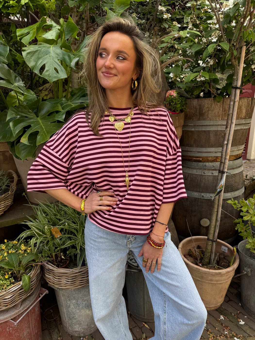 Lena shortsleeve pink/burgundy striped - Project 35