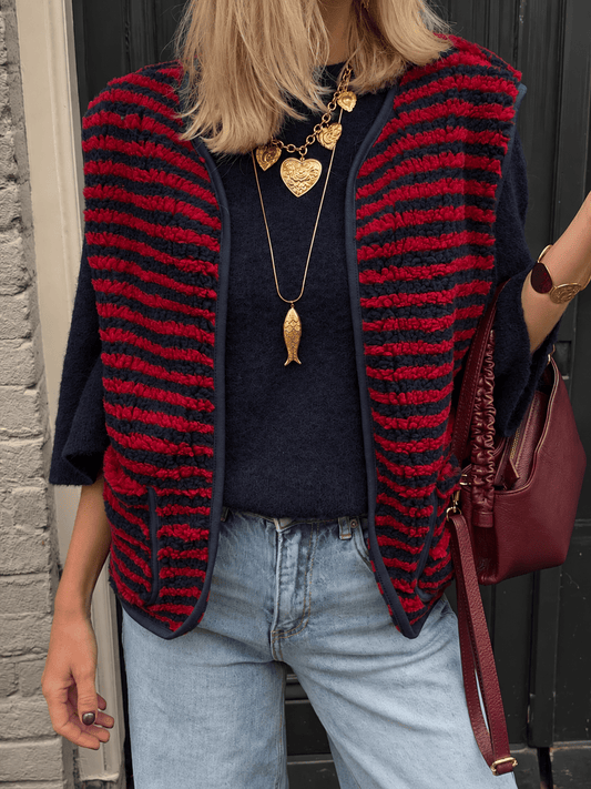 Maya teddy gilet gestreept navy/bordeaux - Project 35