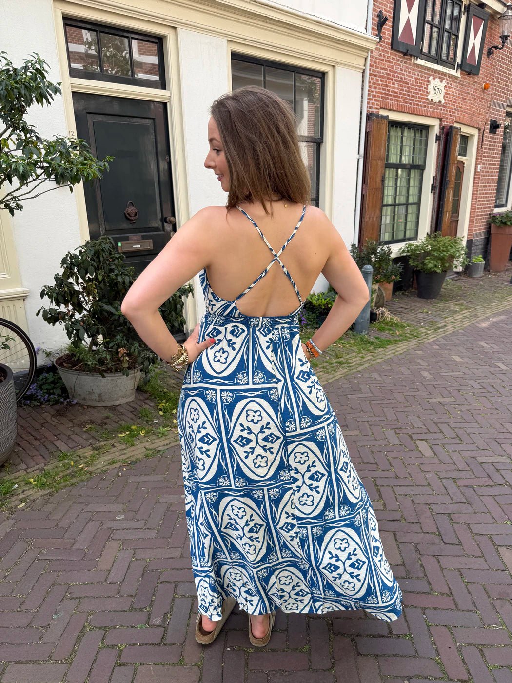 Meis lange jurk dunne bandjes blauw/wit - Project 35