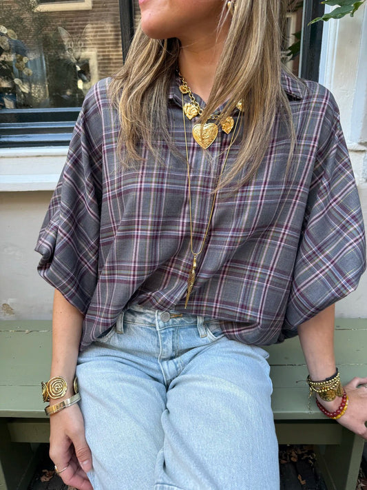 Mira oversized blouse geruit grijs glitter - Project 35