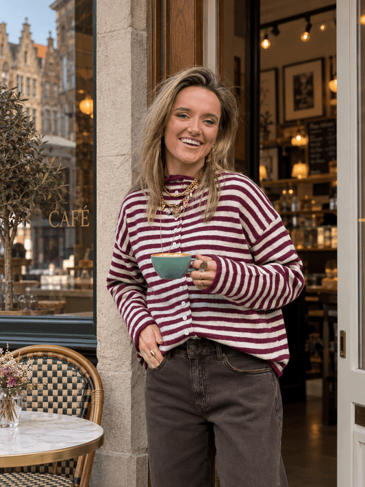 Noa vestje knoopjes bordeaux/wit gestreept - Project 35