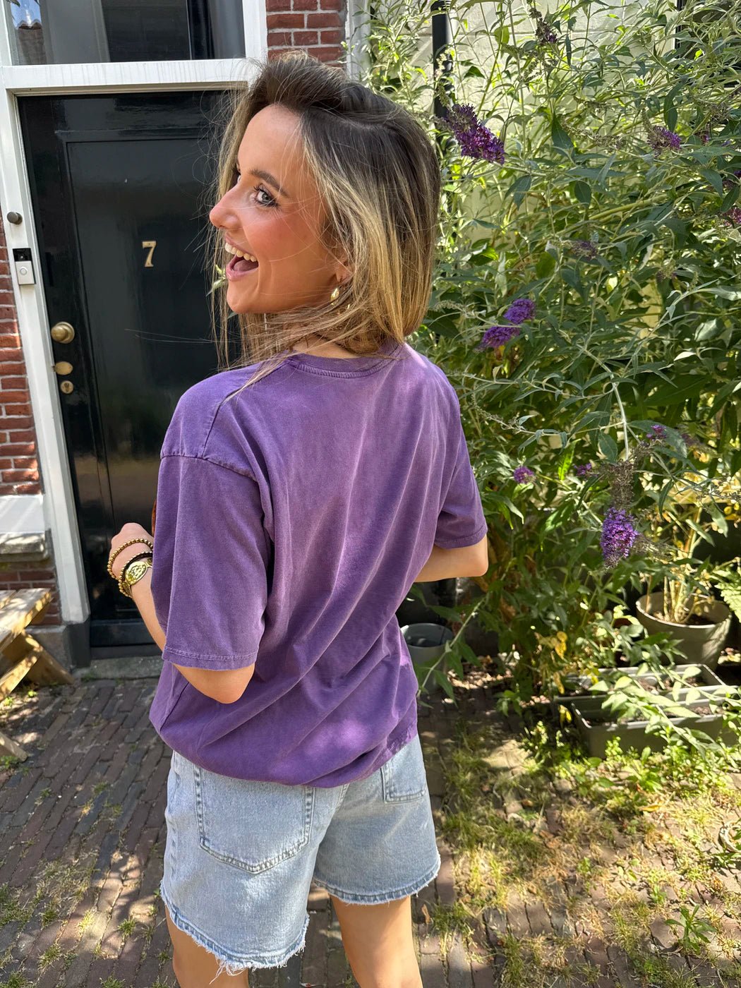 T-shirt oversized smiley paars/geel - Project 35