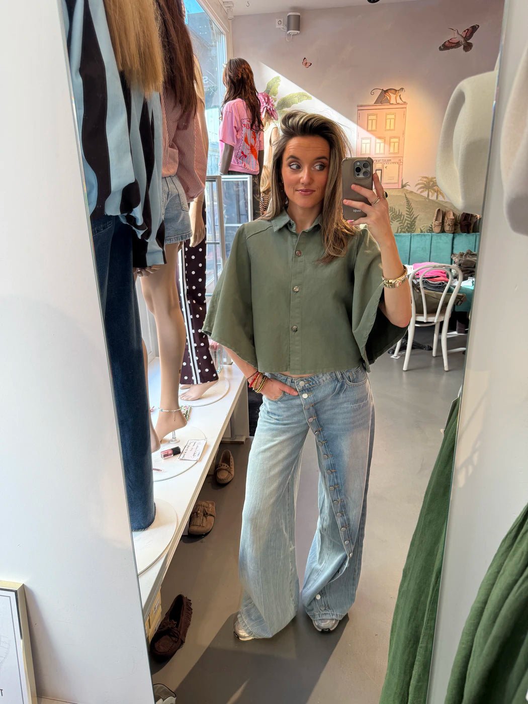 Yara denim blouse uitlopende mouw groen - Project 35
