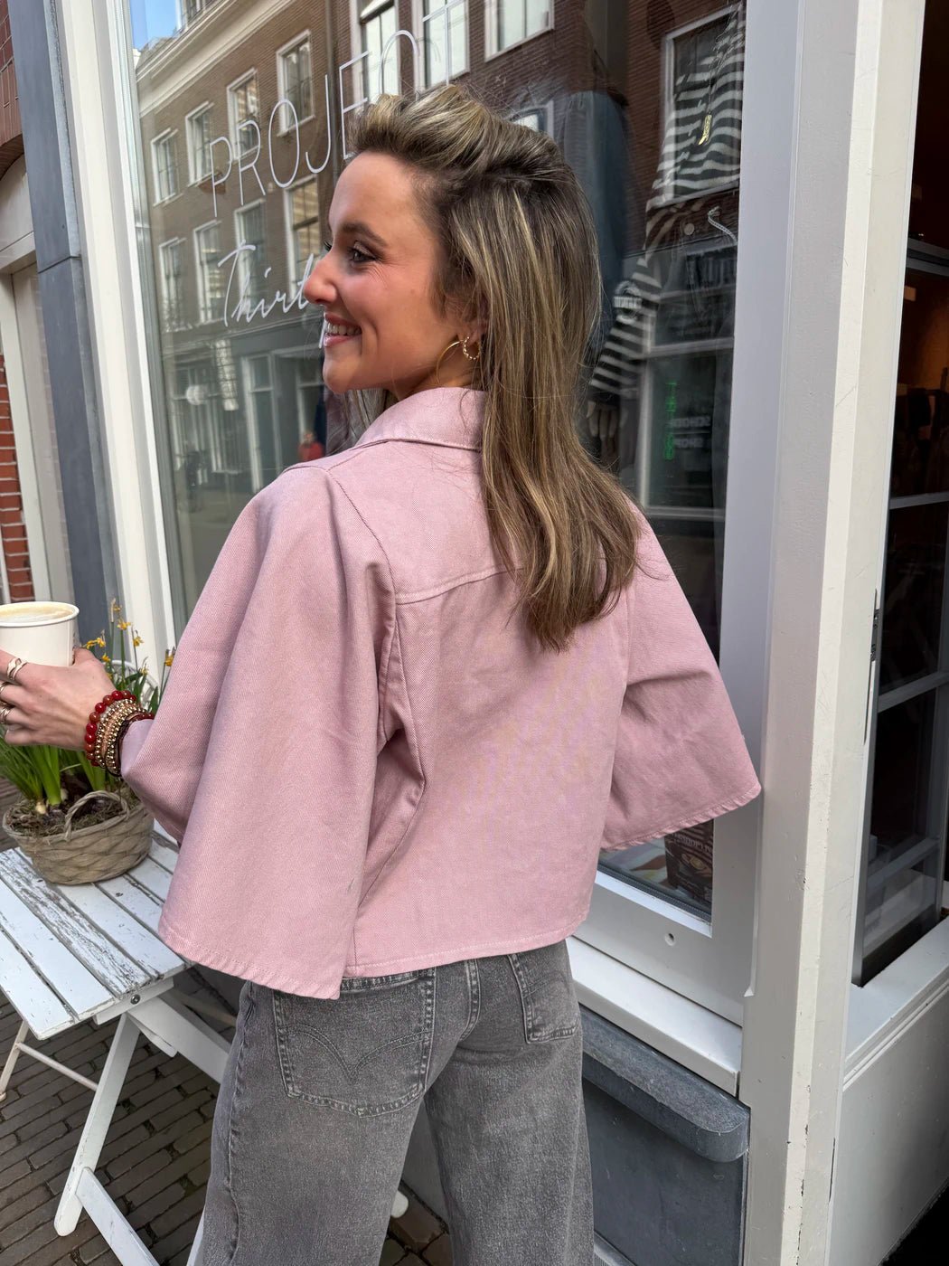 Yara denim blouse uitlopende mouw roze - Project 35