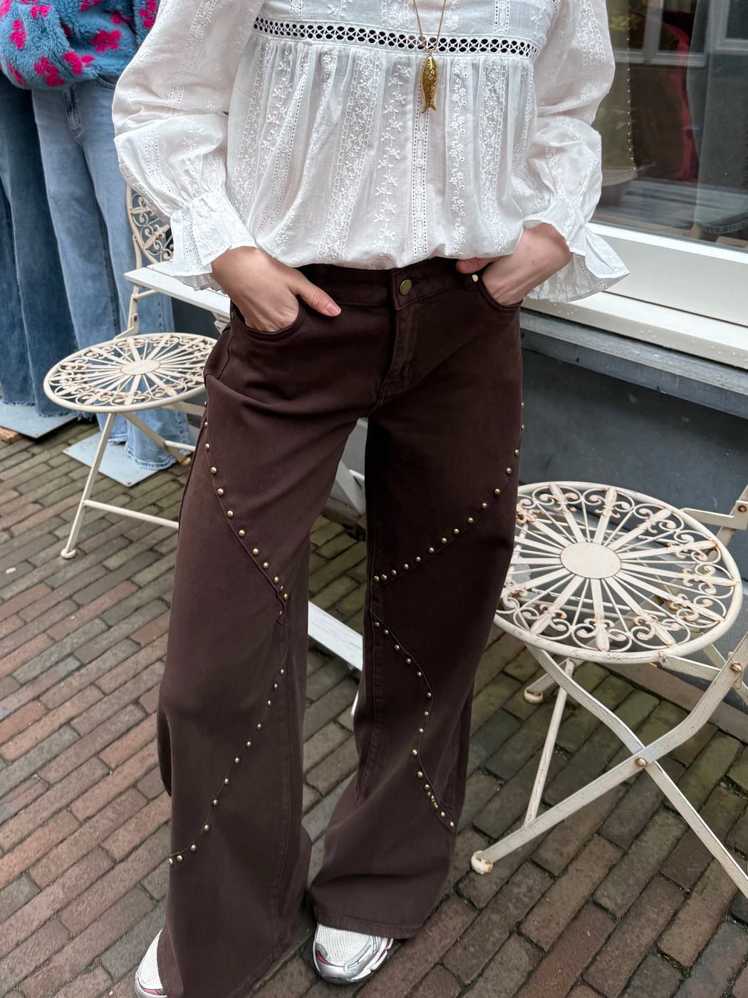 Zaya wide leg jeans studs bruin - Project 35