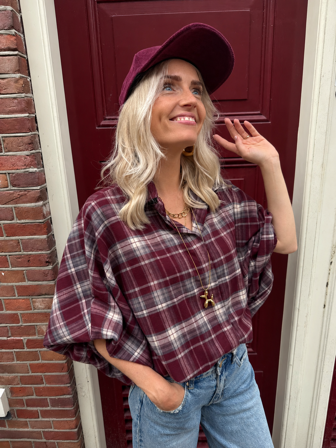 Mira oversized blouse geruit bordeaux