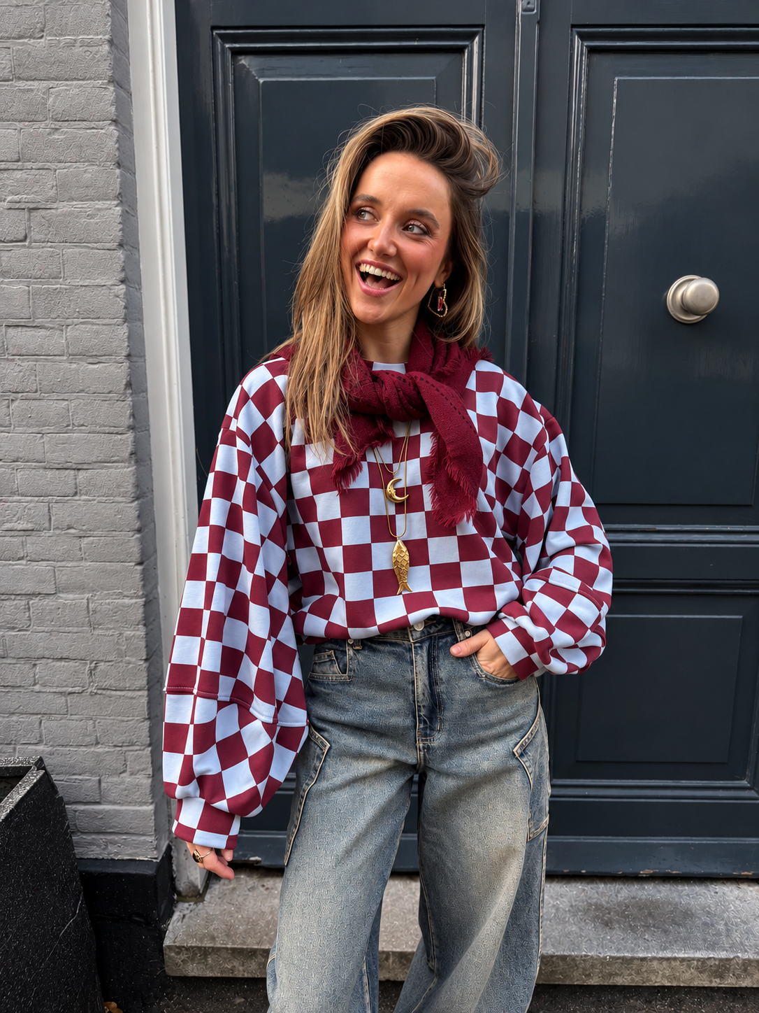 Leo sweater geblokt blauw/bordeaux