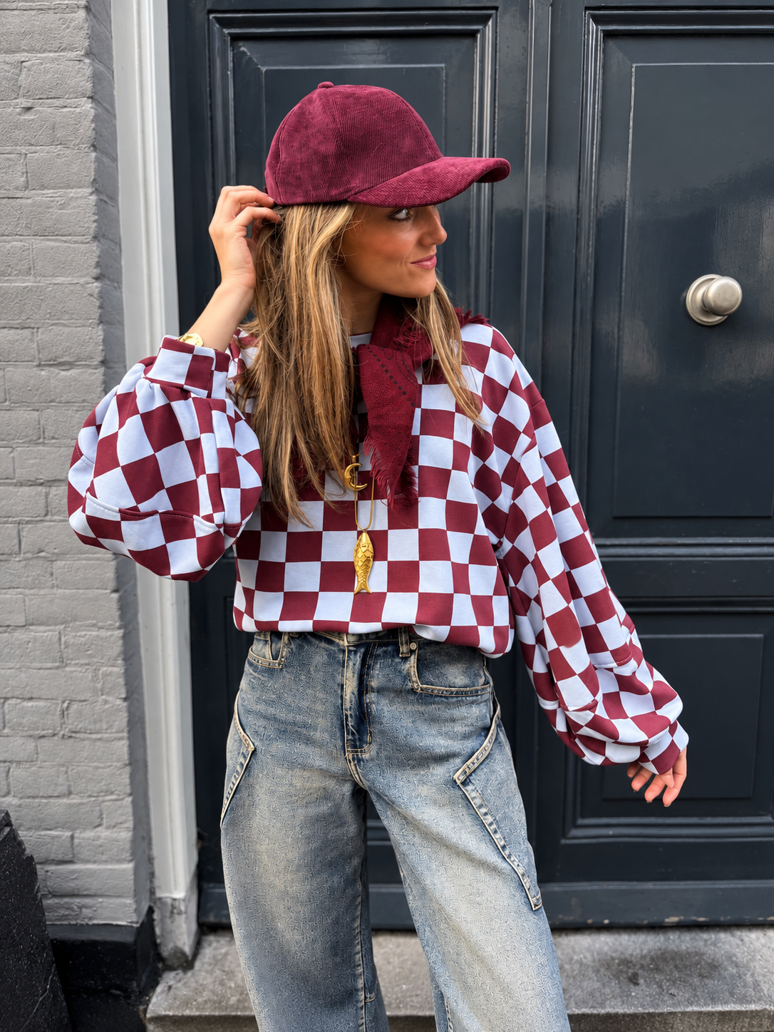 Leo sweater geblokt blauw/bordeaux