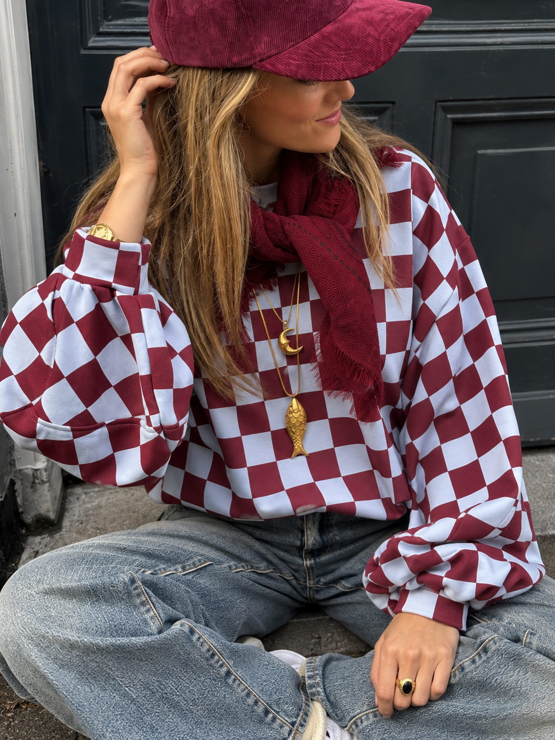 Leo sweater geblokt blauw/bordeaux