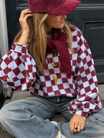 Leo sweater geblokt blauw/bordeaux