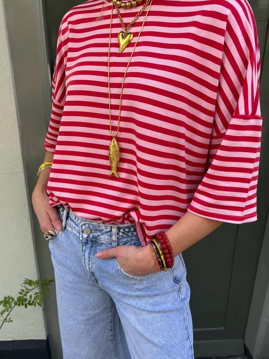 Lena gestreept shirt korte mouw rood/roze