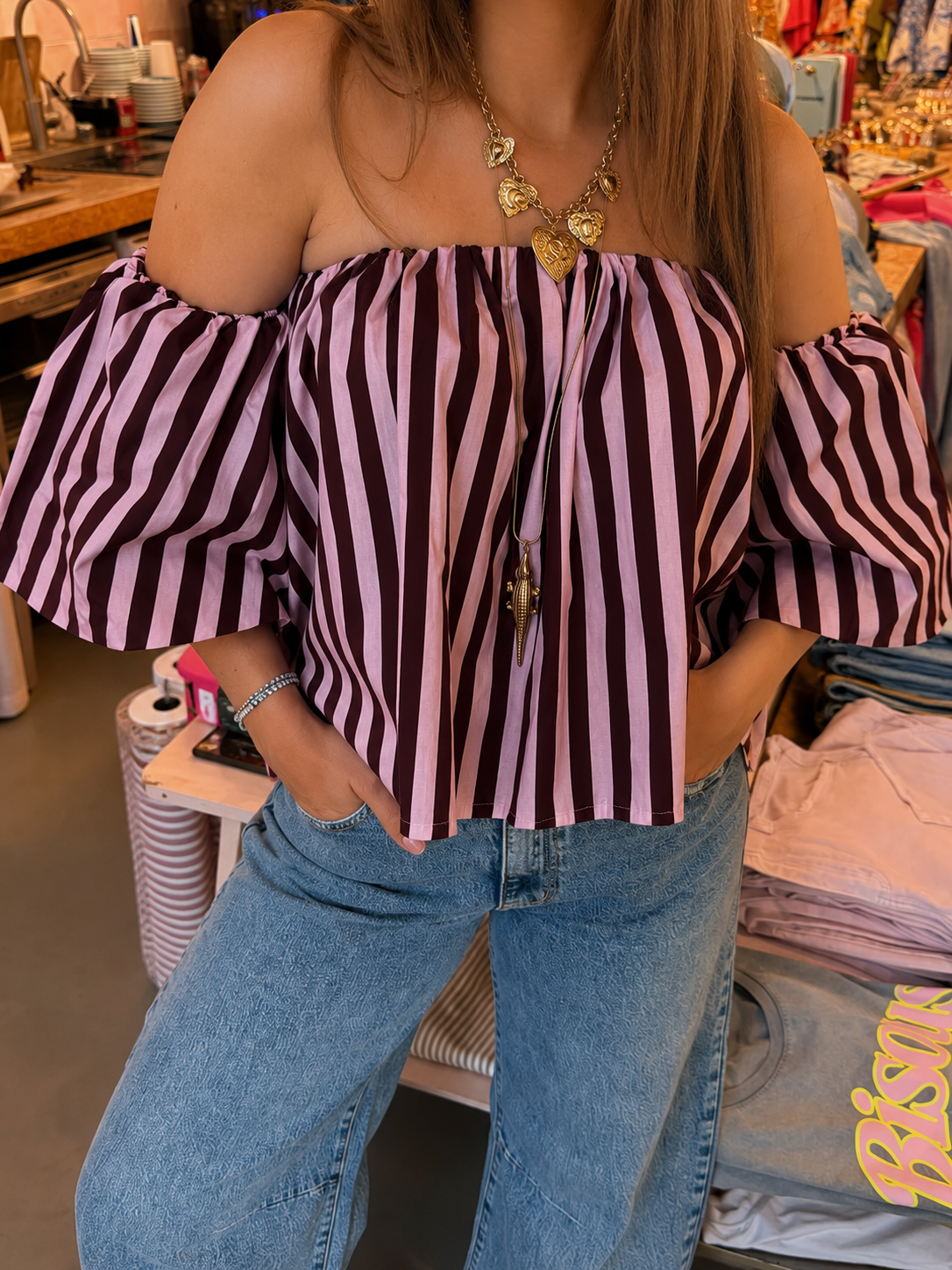 Gabi strapless gestreepte top roze/bordeaux