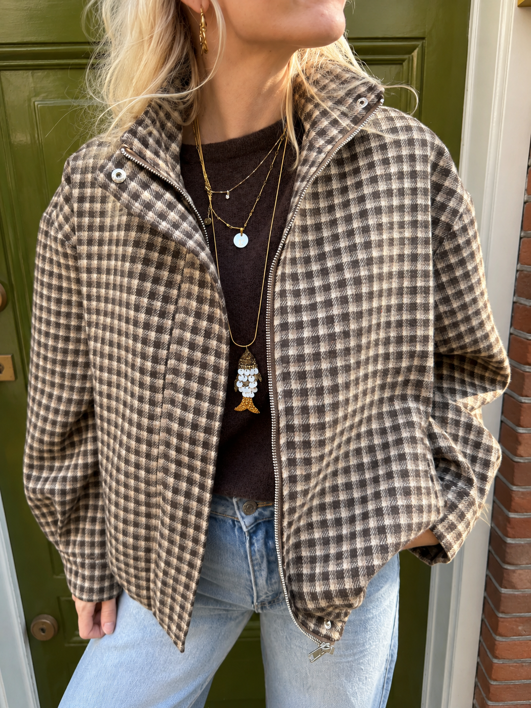 Kay oversized bomber geruit bruin