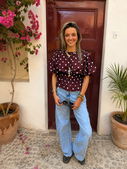 Novi polkadot top pofmouw bordeaux/wit