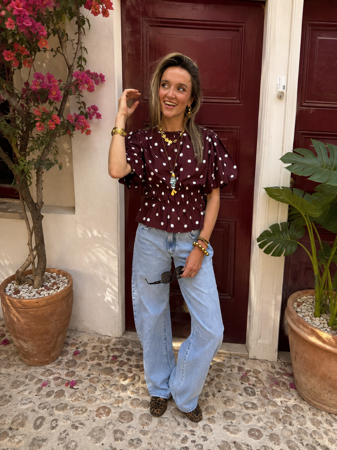 Novi polkadot top pofmouw bordeaux/wit