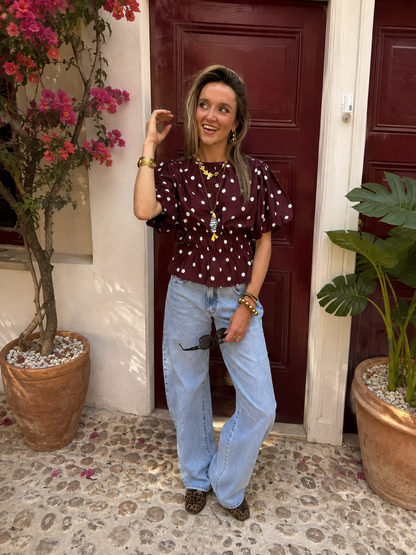 Novi polkadot top pofmouw bordeaux/wit