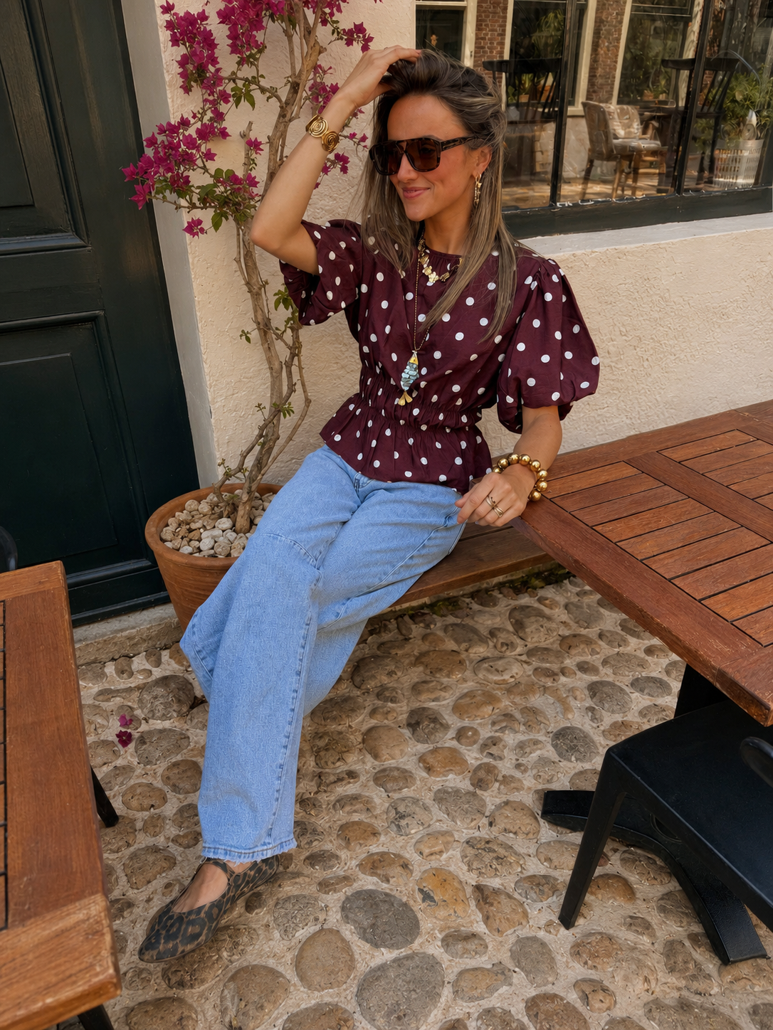 Novi polkadot top pofmouw bordeaux/wit