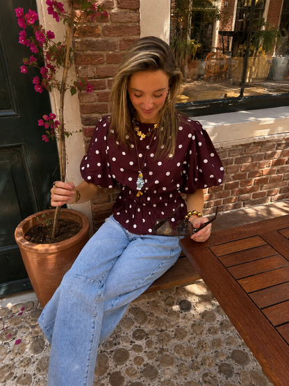 Novi polkadot top pofmouw bordeaux/wit