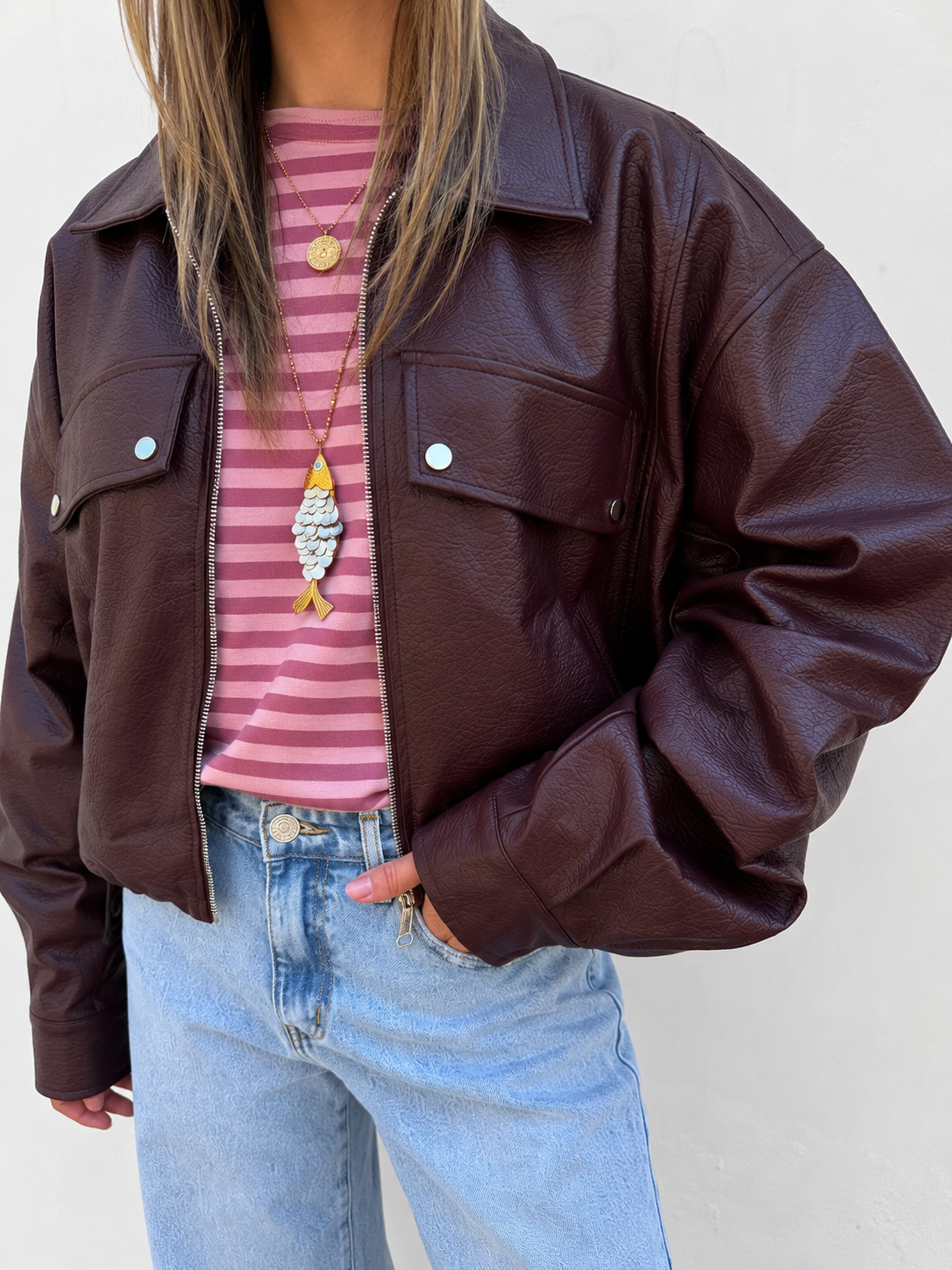 Frenkie oversized leather jacket burgundy