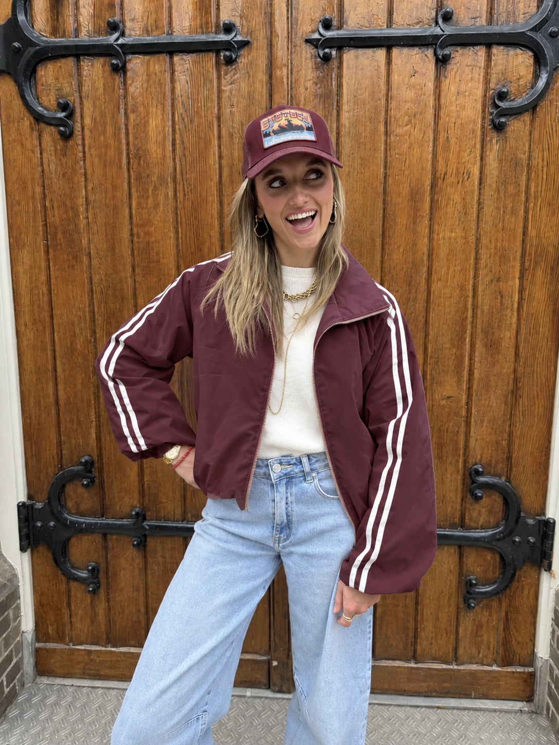 Riley gewatteerde bomber bordeaux/wit streep