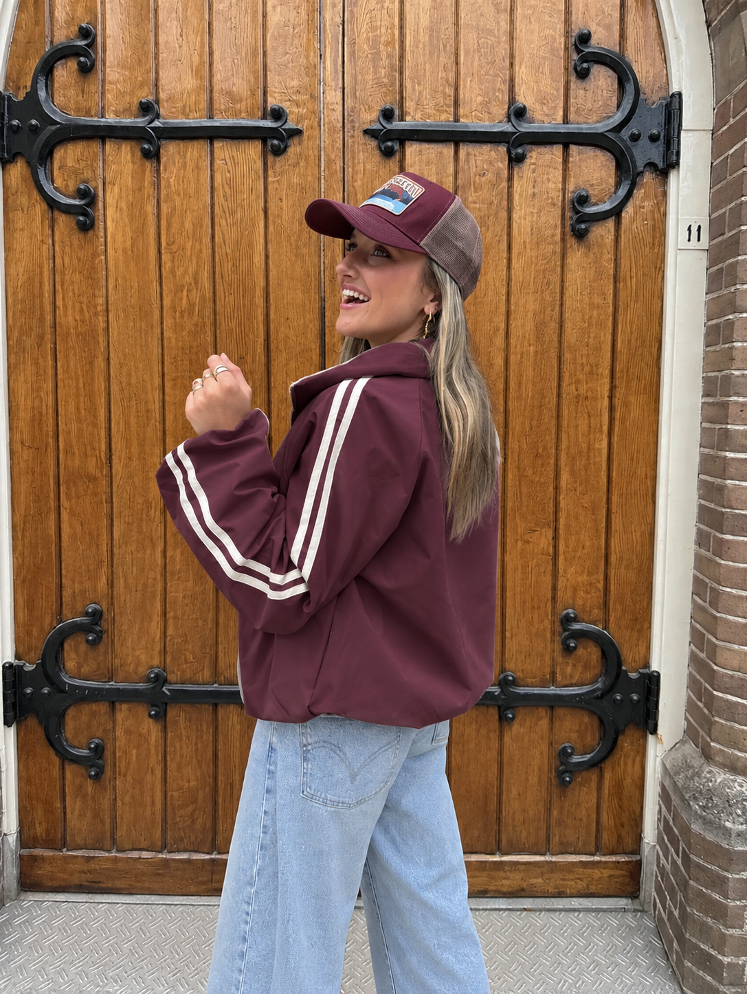 Riley gewatteerde bomber bordeaux/wit streep