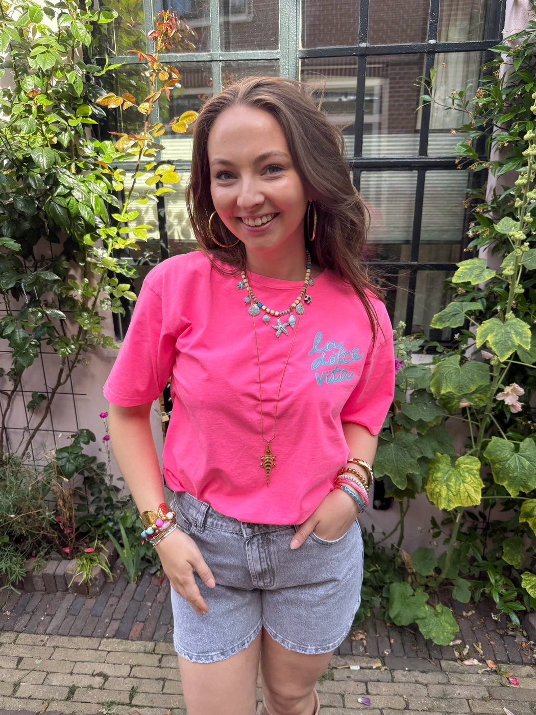 T-shirt 'la dolce vita' katoen roze
