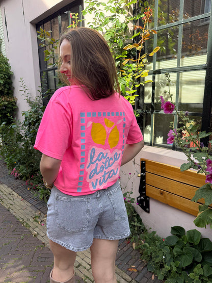 T-shirt 'la dolce vita' katoen roze