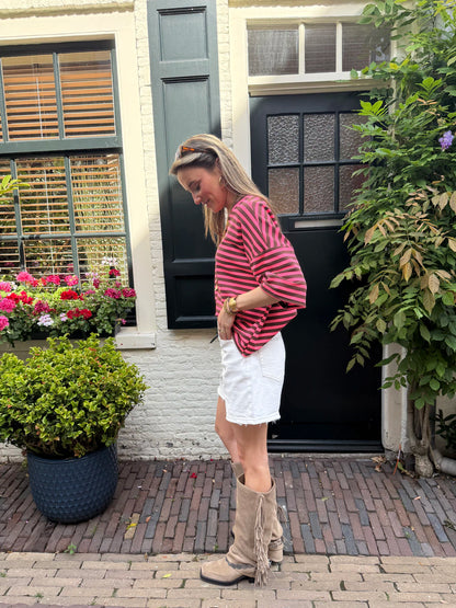 Lena gestreept shirt korte mouw roze/bruin