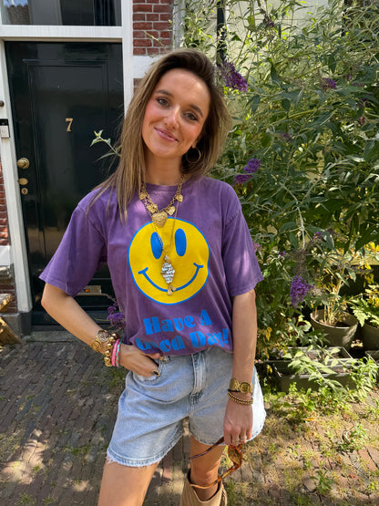 T-shirt oversized smiley paars/geel