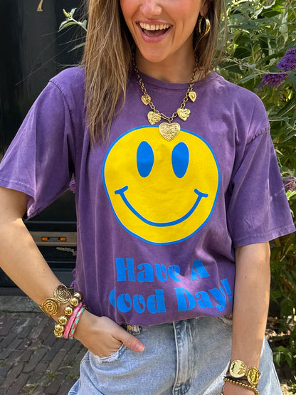 T-shirt oversized smiley paars/geel