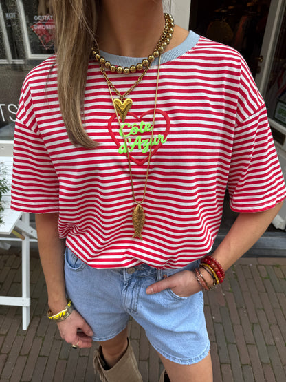 'C'ôte d'Azur' tee rood/wit
