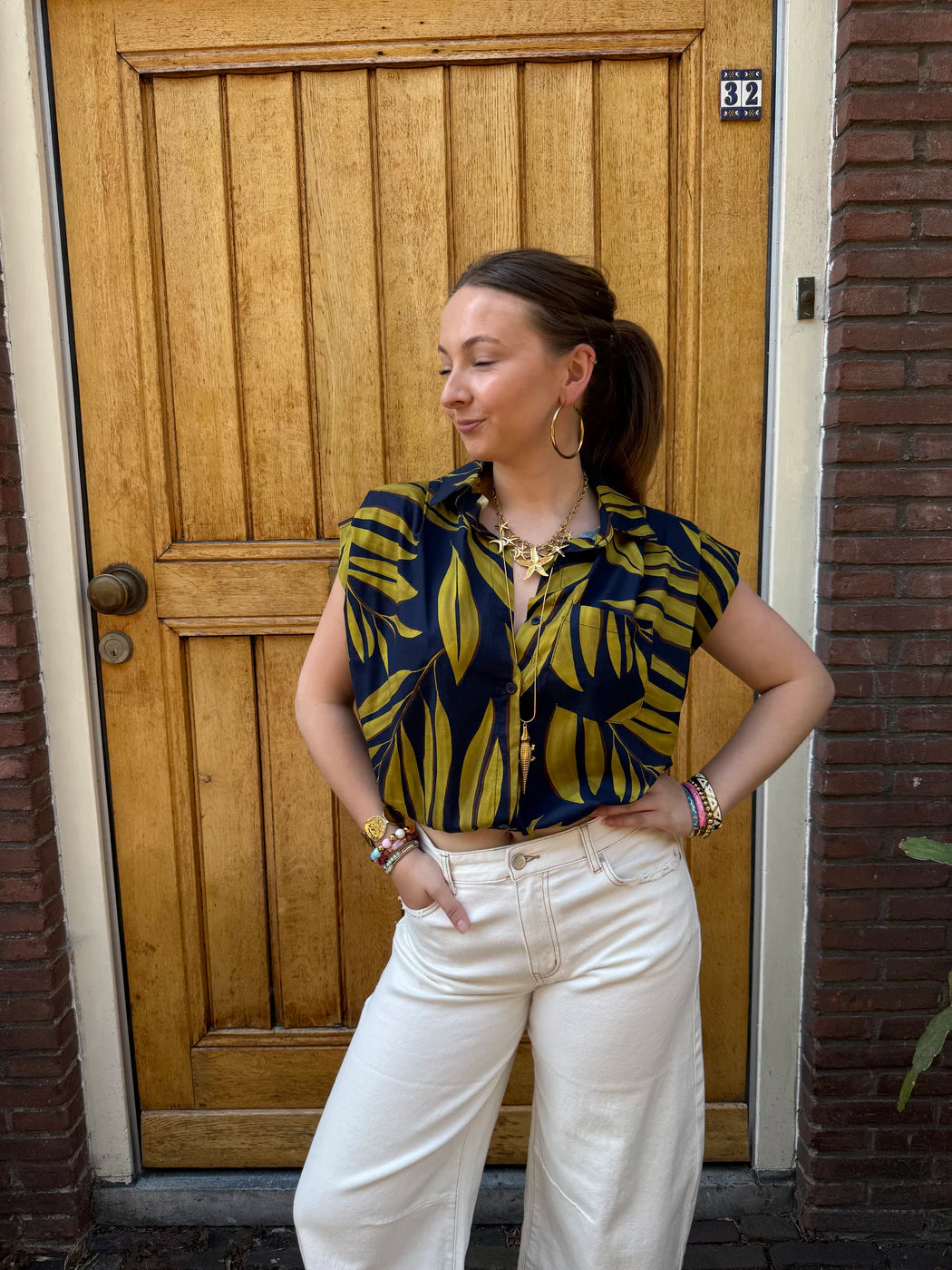 Mies blouse jungle print navy/groen