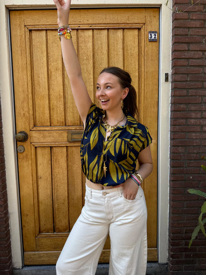 Mies blouse jungle print navy/groen