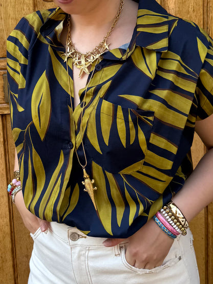 Mies blouse jungle print navy/groen