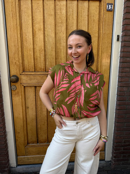 Mies blouse jungle print roze/groen