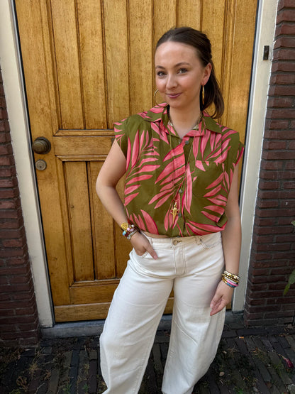 Mies blouse jungle print roze/groen