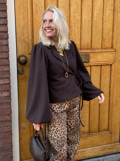 Esmay wrap blazer pofmouw & steentjes donkerbruin