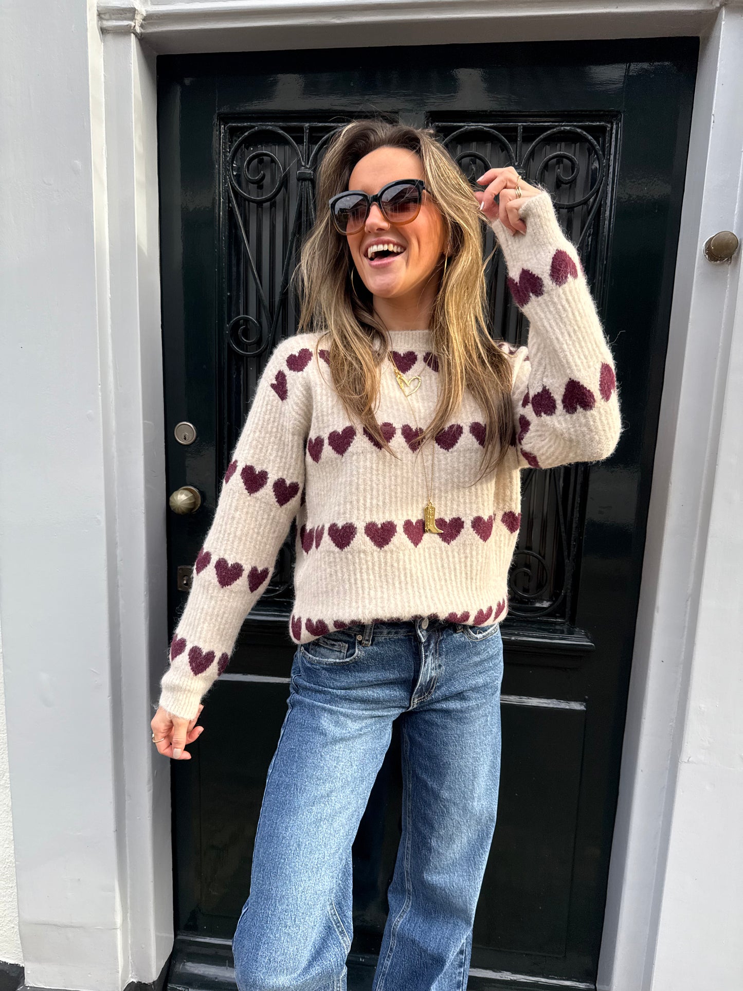 Merel hartjes trui ecru/bordeaux
