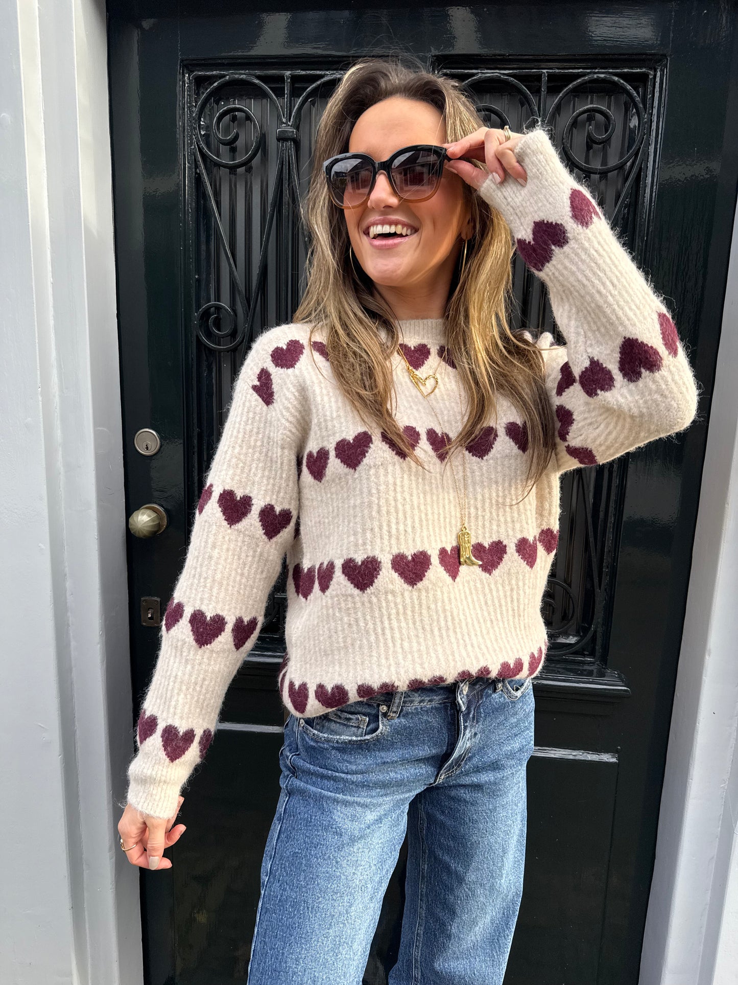 Merel hartjes trui ecru/bordeaux
