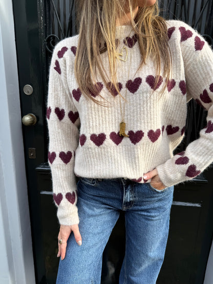 Merel hartjes trui ecru/bordeaux