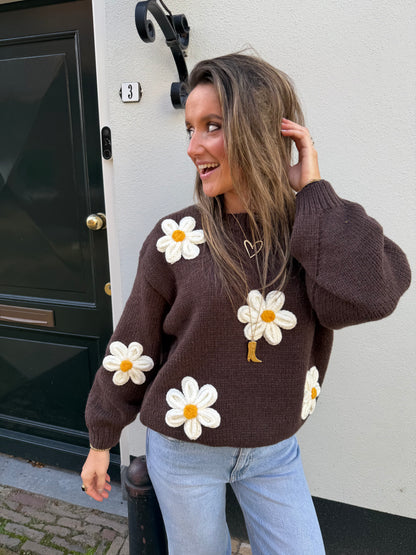 Fien knit flowers brown/white